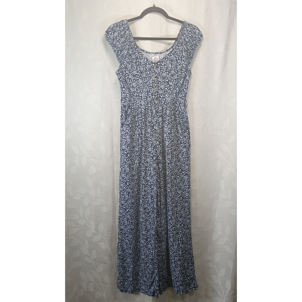 No Boundaries Navy Blue Floral Wide Leg Jumpsuit Cap Sleeve Pockets Medium 7-9